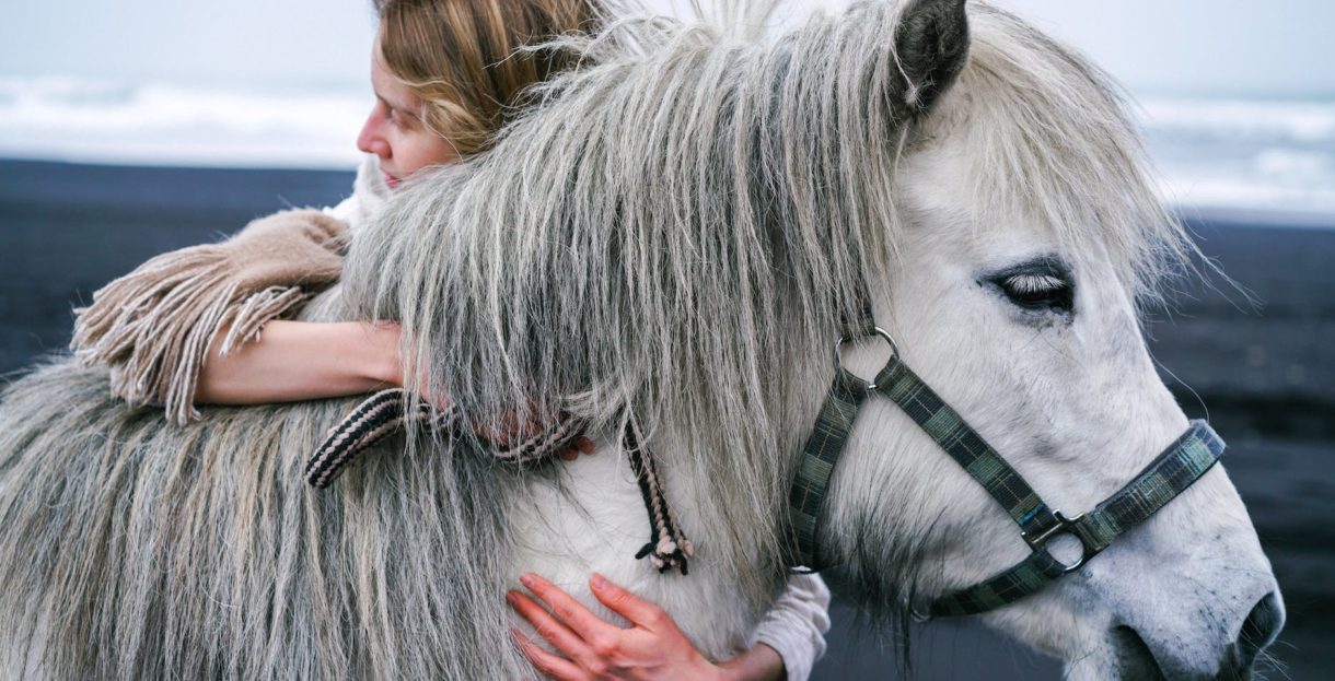 woman embracing gently gray horse on beach